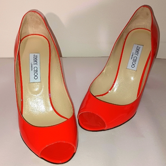 Jimmy Choo Shoes - Jimmy Choo Italy Baxen Orange Leather Peep-Toe Wedge Pumps 9 US 40 EU Excellent!